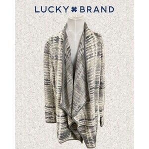 NWT $119 Lucky Brand Open Front Cardigan Duster Ivory & Gray Waterfall Style